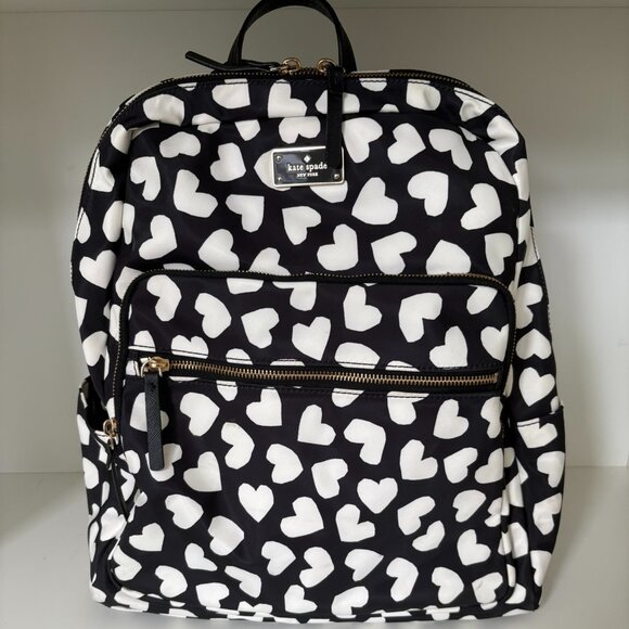 Kate Spade Black & White Heart Print Nylon Backpack - Picture 1 of 4